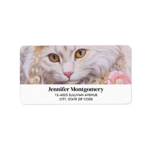Elegant White Cat in Gold and Diamonds Label