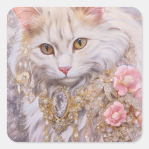 Elegant White Cat in Gold and Diamonds Square Sticker
