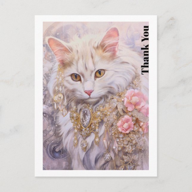 Elegant White Cat in Gold and Diamonds Thank You Postcard (Front)