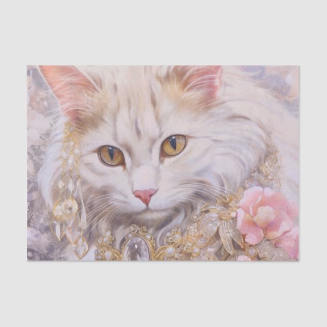 Elegant White Cat in Gold and Diamonds Tissue Paper (Front)