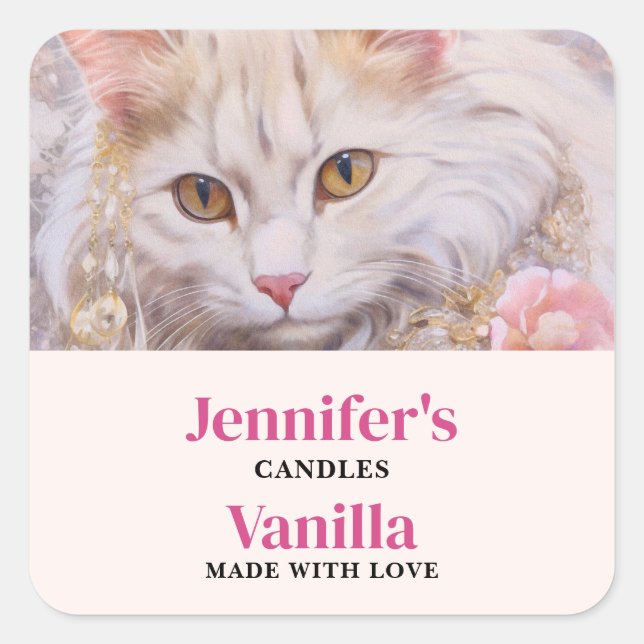 Elegant White Cat in Gold and Jewels Candle Craft Square Sticker (Front)