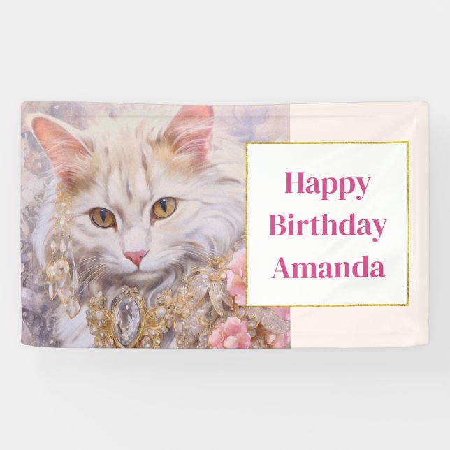 Elegant White Cat in Luxury Jewels Happy Birthday Banner (Horizontal)