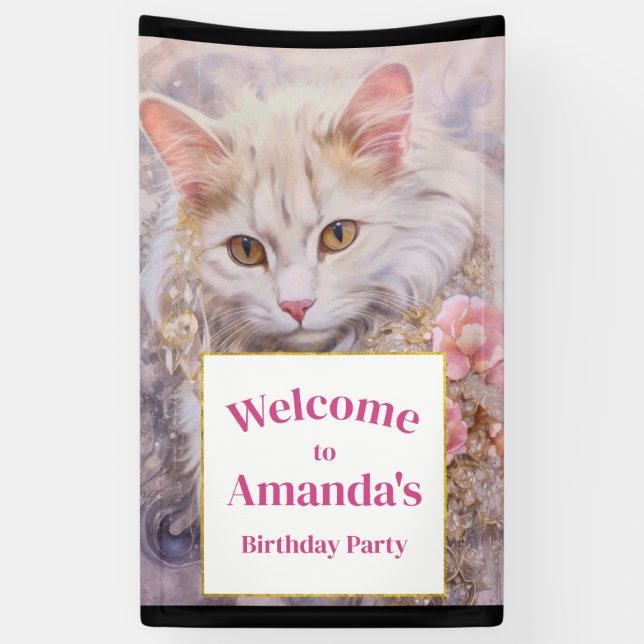 Elegant White Cat Luxury Jewels Birthday Welcome Banner (Vertical)