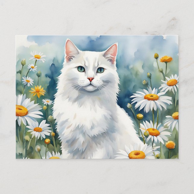 Elegant White Cat  Watercolor with Daisies Flowers Postcard (Front)