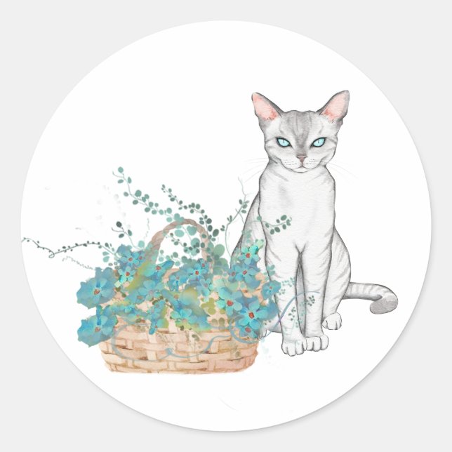 Elegant White Cat with a Basket of Blue Flowers  Classic Round Sticker (Front)