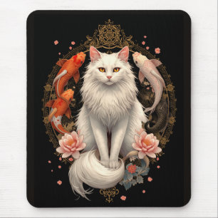 Elegant White Cat with Koi Fish Mouse Pad