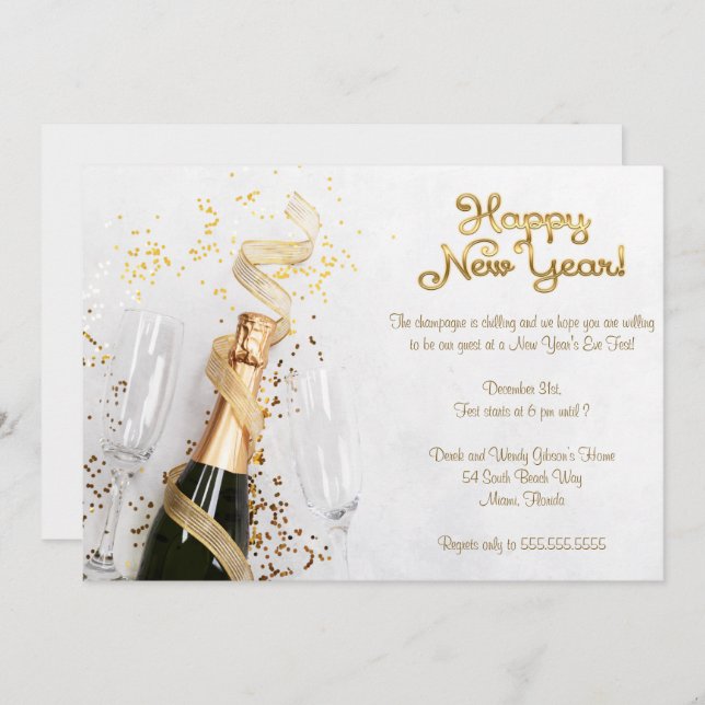 Elegant White Champagne New Years Eve Party Invitation (Front/Back)