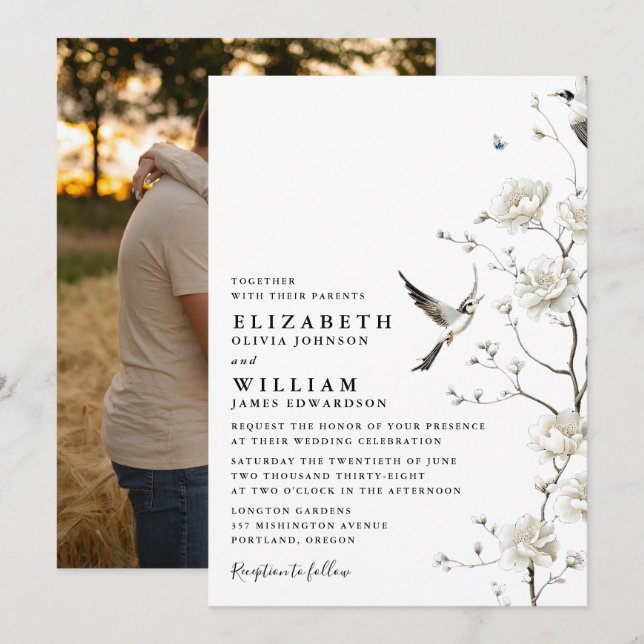 Elegant White Chinoiserie Floral Wedding Photo Invitation (Front/Back)