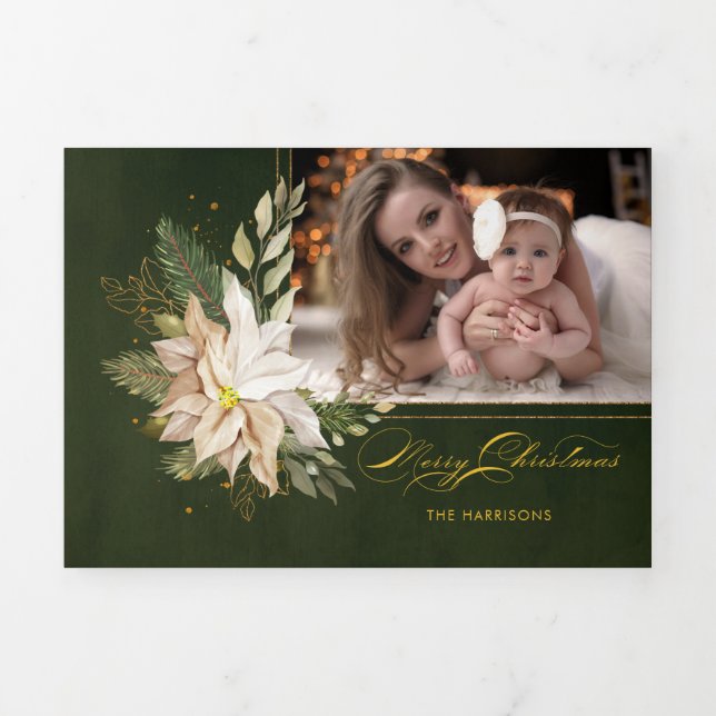 Elegant White Christmas Flowers Calligraphy Photo  Tri-Fold Holiday Card (Cover)