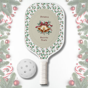 Elegant White Christmas Holly and Bells Pickleball Paddle