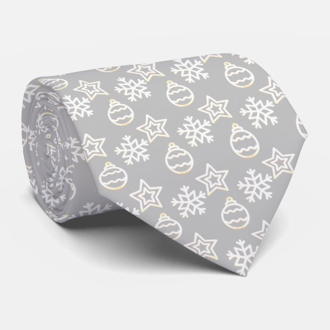 Elegant White Christmas Pattern on Silver Grey Tie (Rolled)