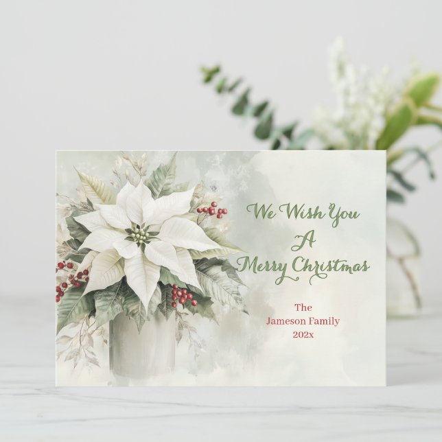 Elegant White Christmas Poinsettias Holiday Card (Standing Front)