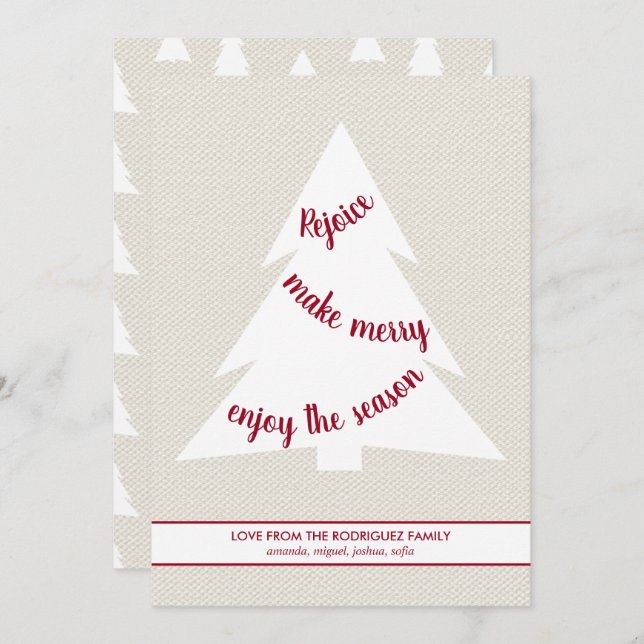 Elegant White Christmas Tree Burgundy Script Beige Holiday Card (Front/Back)
