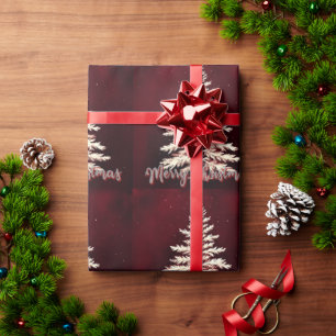 Elegant White Christmas Tree on Burgundy Wrapping Paper