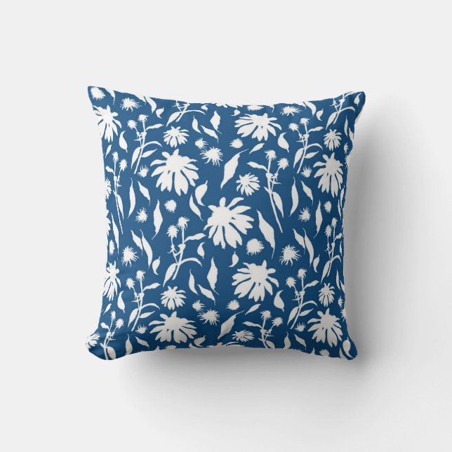 Elegant White Classic Blue Echinacea Cone Flowers Cushion (Front)