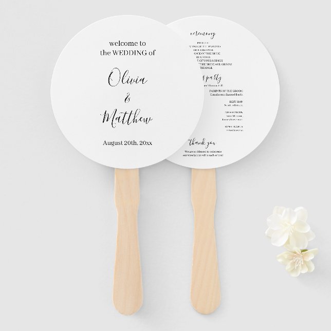 Elegant White Classic Minimalist Wedding Program Hand Fan (Front and Back)