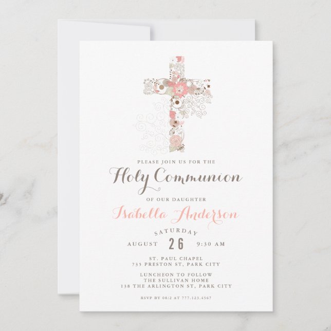 Elegant white communion floral cross invitation (Front)