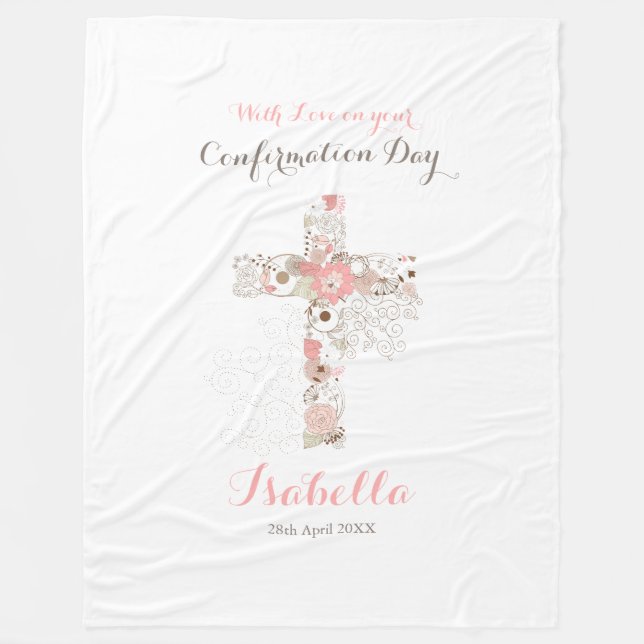 Elegant white confirmation floral cross name fleece blanket (Front)