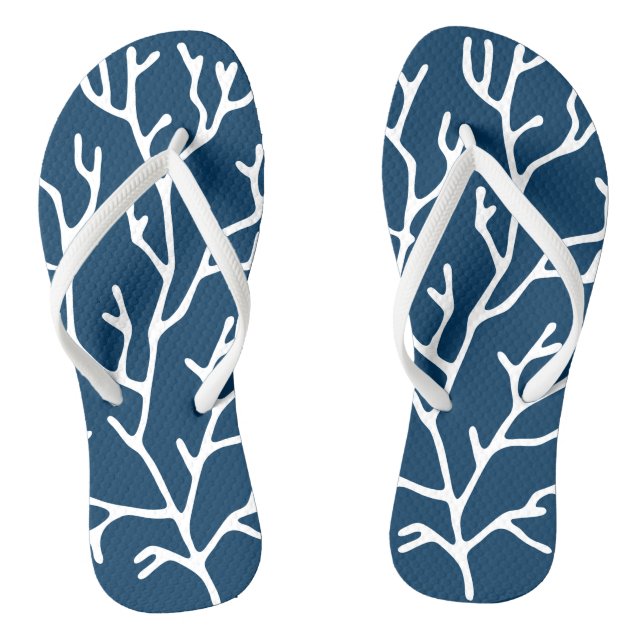Elegant White Coral Pattern - Teal Blue Jandals (Footbed)