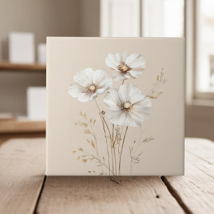 Elegant white cosmos flowers faux gold grass tile