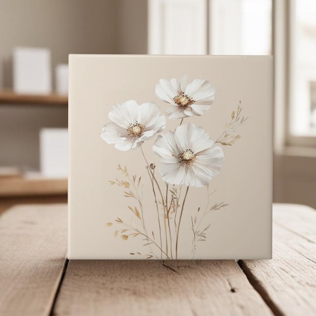Elegant white cosmos flowers faux gold grass tile (Creator Uploaded)