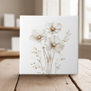 Elegant white cosmos flowers faux gold grass tile