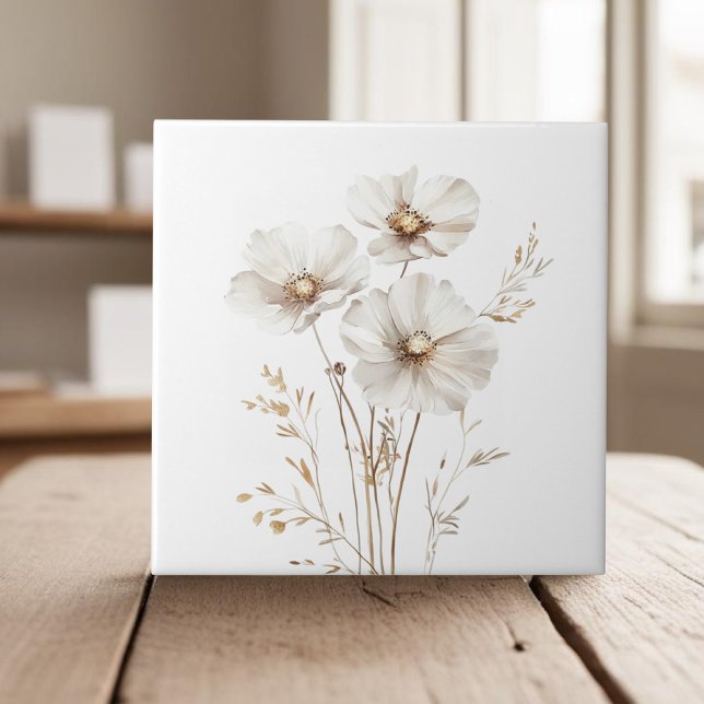 Elegant white cosmos flowers faux gold grass tile (Creator Uploaded)