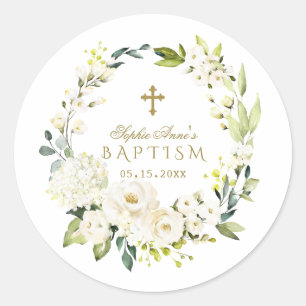 Elegant White Cream Flowers Gold Cross Baptism Classic Round Sticker
