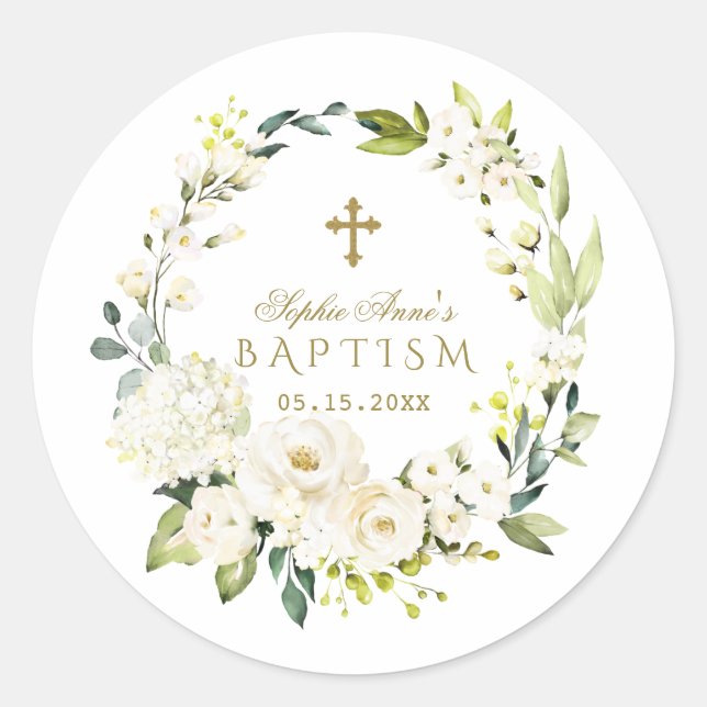Elegant White Cream Flowers Gold Cross Baptism Classic Round Sticker (Front)