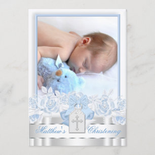 Elegant White Cross Baby Blue Photo Christening Invitation