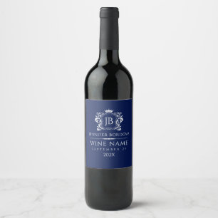 Elegant White Crown Frame On Custom Blue Wine Label