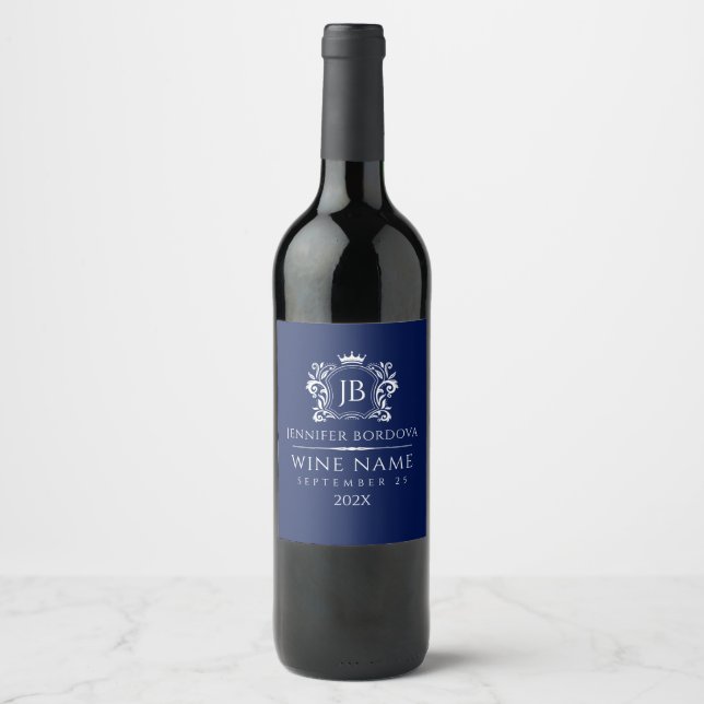 Elegant White Crown Frame On Custom Blue Wine Label (Front)