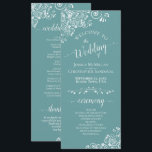 Elegant White Curls on Aqua Teal Fancy Wedding Programme<br><div class="desc">This beautiful wedding program features an elegant design with white text on a teal, turquoise, or aqua coloured background and lacy white curls and swirls in the corners. The titles are written in fancy script calligraphy, and there is space for your ceremony and wedding party details, as well as a...</div>