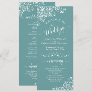 Elegant White Curls on Aqua Teal Fancy Wedding Programme