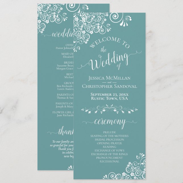 Elegant White Curls on Aqua Teal Fancy Wedding Programme (Front/Back)