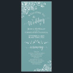 Elegant White Curls on Aqua Teal Fancy Wedding Programme<br><div class="desc">This beautiful wedding program features an elegant design with white text on a teal, turquoise, or aqua coloured background and lacy white curls and swirls in the corners. The titles are written in fancy script calligraphy, and there is space for your ceremony and wedding party details, as well as a...</div>