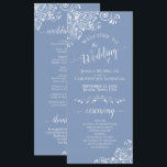 Elegant White Curls on Dusty Blue Fancy Wedding Programme<br><div class="desc">This beautiful wedding program features an elegant design with white text on a dusty blue or periwinkle coloured background and lacy white curls and swirls in the corners. The titles are written in fancy script calligraphy, and there is space for your ceremony and wedding party details, as well as a...</div>