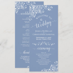 Elegant White Curls on Dusty Blue Fancy Wedding Programme