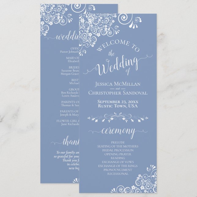 Elegant White Curls on Dusty Blue Fancy Wedding Programme (Front/Back)