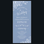 Elegant White Curls on Dusty Blue Fancy Wedding Programme<br><div class="desc">This beautiful wedding program features an elegant design with white text on a dusty blue or periwinkle coloured background and lacy white curls and swirls in the corners. The titles are written in fancy script calligraphy, and there is space for your ceremony and wedding party details, as well as a...</div>