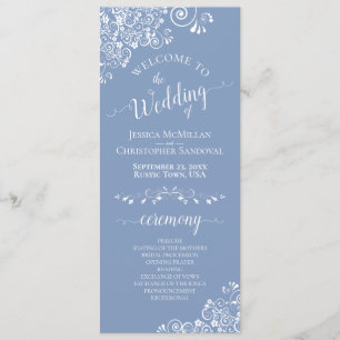 Elegant White Curls on Dusty Blue Fancy Wedding Programme