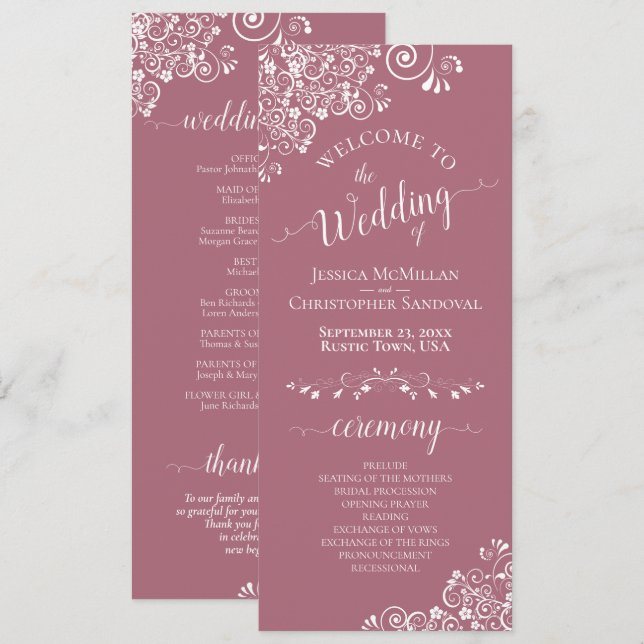Elegant White Curls on Dusty Rose Fancy Wedding Programme (Front/Back)