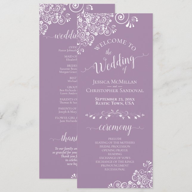 Elegant White Curls on Lavender Purple Wedding Programme (Front/Back)