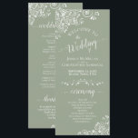 Elegant White Curls on Sage Green Fancy Wedding Programme<br><div class="desc">This beautiful wedding program features an elegant design with white text on a sage green background and lacy white curls and swirls in the corners. The titles are written in fancy script calligraphy, and there is space for your ceremony and wedding party details, as well as a short thank you...</div>