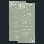 Elegant White Curls on Sage Green Fancy Wedding Programme<br><div class="desc">This beautiful wedding program features an elegant design with white text on a sage green background and lacy white curls and swirls in the corners. The titles are written in fancy script calligraphy, and there is space for your ceremony and wedding party details, as well as a short thank you...</div>