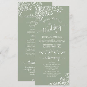Elegant White Curls on Sage Green Fancy Wedding Programme