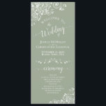 Elegant White Curls on Sage Green Fancy Wedding Programme<br><div class="desc">This beautiful wedding program features an elegant design with white text on a sage green background and lacy white curls and swirls in the corners. The titles are written in fancy script calligraphy, and there is space for your ceremony and wedding party details, as well as a short thank you...</div>