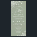 Elegant White Curls on Sage Green Fancy Wedding Programme<br><div class="desc">This beautiful wedding program features an elegant design with white text on a sage green background and lacy white curls and swirls in the corners. The titles are written in fancy script calligraphy, and there is space for your ceremony and wedding party details, as well as a short thank you...</div>