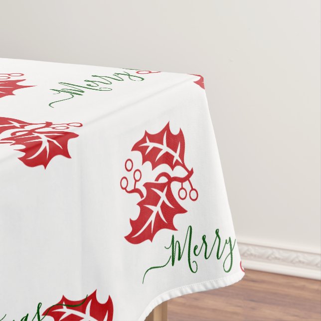 Elegant White Custom Christmas Holly Tablecloth (In Situ)