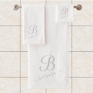 Elegant White Custom Monogram Name  Bath Towel Set